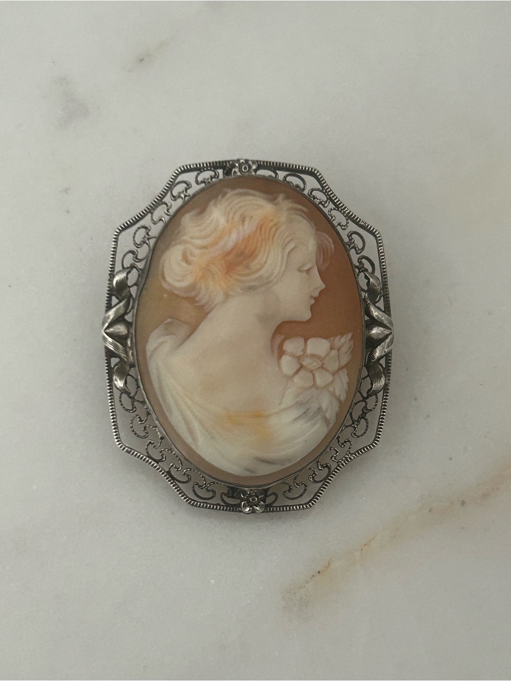 Antique Cameo Brooch in Silver Filagree Setting
